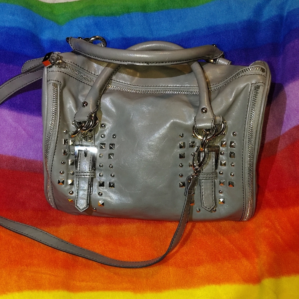 Nine West studded gray Leather satchel handbag.